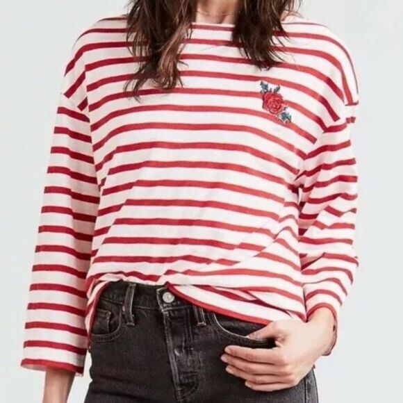 LEVI’S ROSE EMBROIDERED STRIPE 3/4 SLEEVE RELAXED FIT SHIRT - Picture 1 of 11